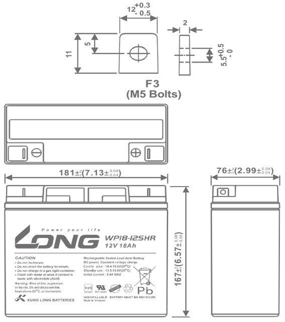 Ắc Quy Kín Khí (VRLA AGM) LONG 12V-18Ah (20HR), WP18-12SHR, F3-M5 - Hàng Chính Hãng