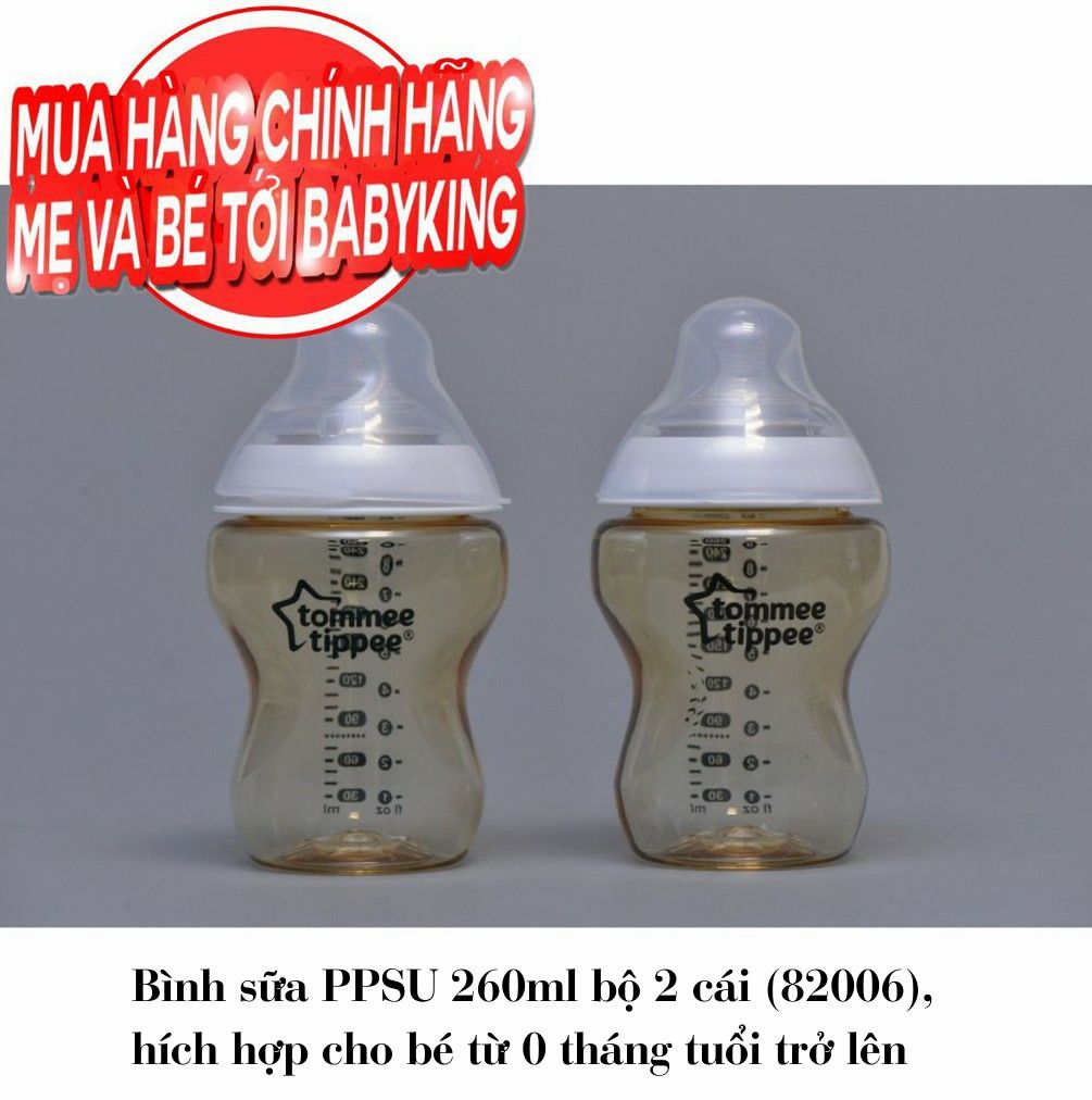 Bình sữa Tommee Tippee PPSU 260ml (kèm núm ti chảy sữa chậm) 0 tháng trở lên(82003, 82004, 82005)