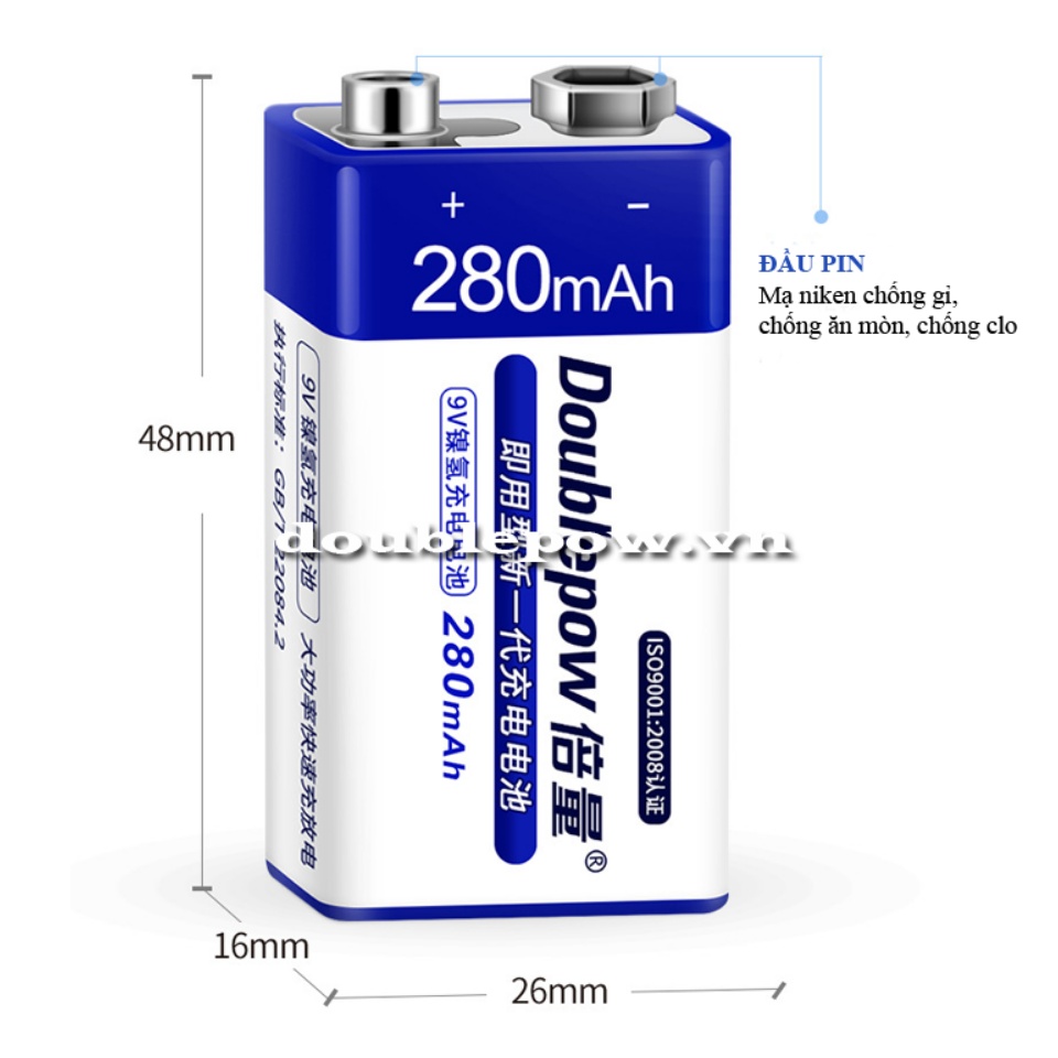 Pin sạc 9V-6F22 Doublepow 280mAh dung lượng thật