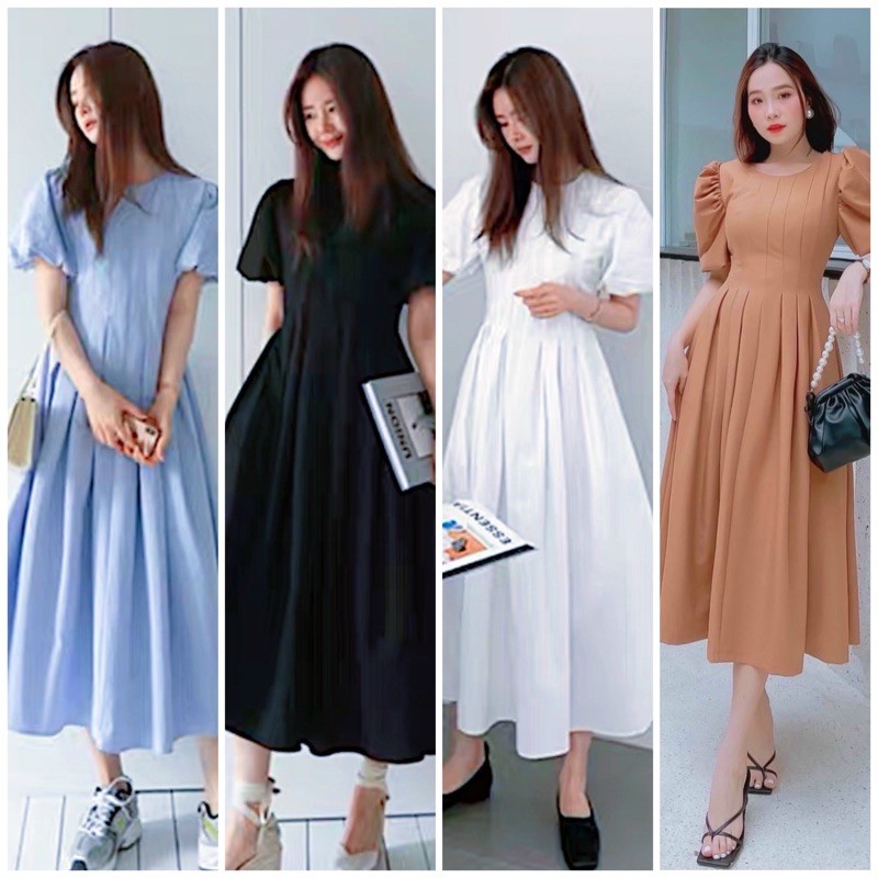 Đầm cổ tròn xếp li 4 màu
