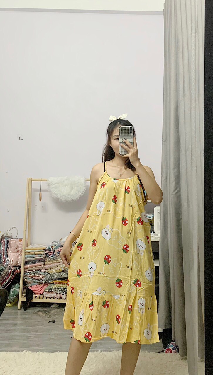 Váy ngủ bầu 2 dây chất lanh mềm mát mùa hè