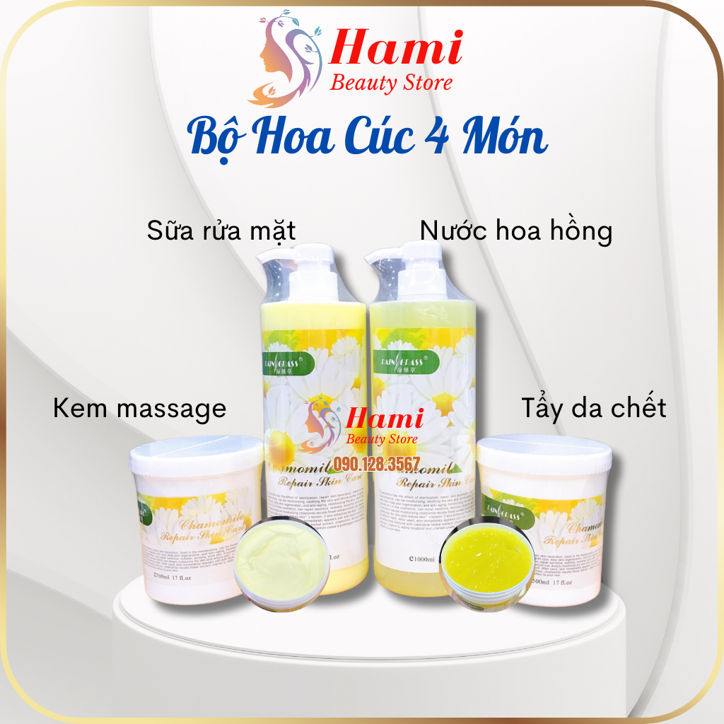 [Date 2026] Bộ chăm sóc da hoa cúc 4 món cho spa (kem massage mặt. sữa rửa mặt, tẩy da chết, nước hoa hồng)