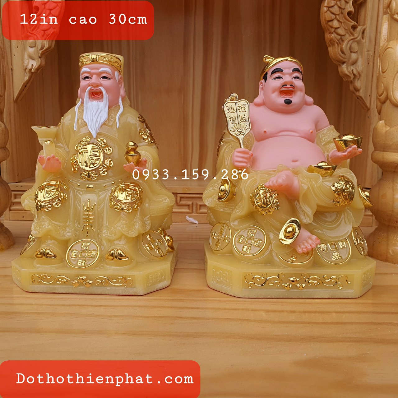 Cặp thần tài ông địa đá màu vàng thạch anh 12in cao 30 cm