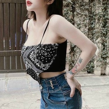 Áo kiểu 2 dây kiểu yếm họa tiết thổ cẩm có mút