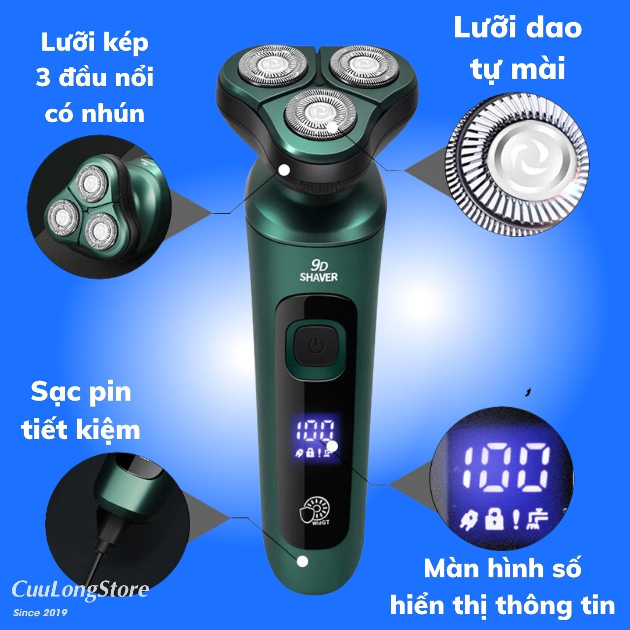 Máy Cạo Râu 9D Lưỡi Dao Kép đa năng, đầu tông đơ cắt tỉa lông mũi, chống nước IPX7, sạc pin màn hình kỹ thuật số hoạt động êm ái