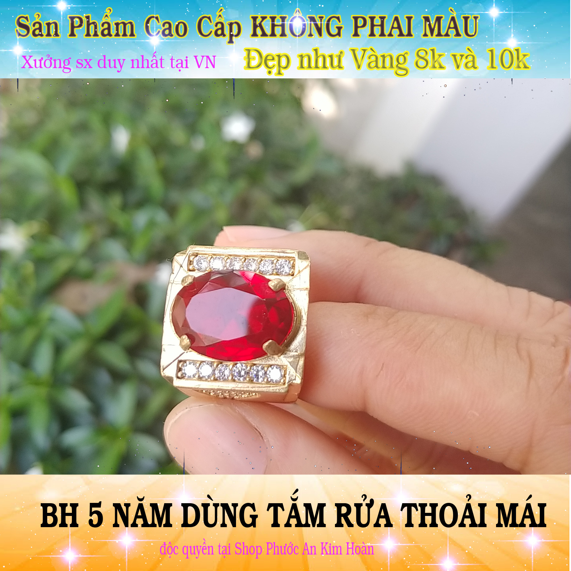Nhẫn Nam Đá Đỏ Tròn Không Phai Màu-Bảo Hành 5 Năm Sử Dụng