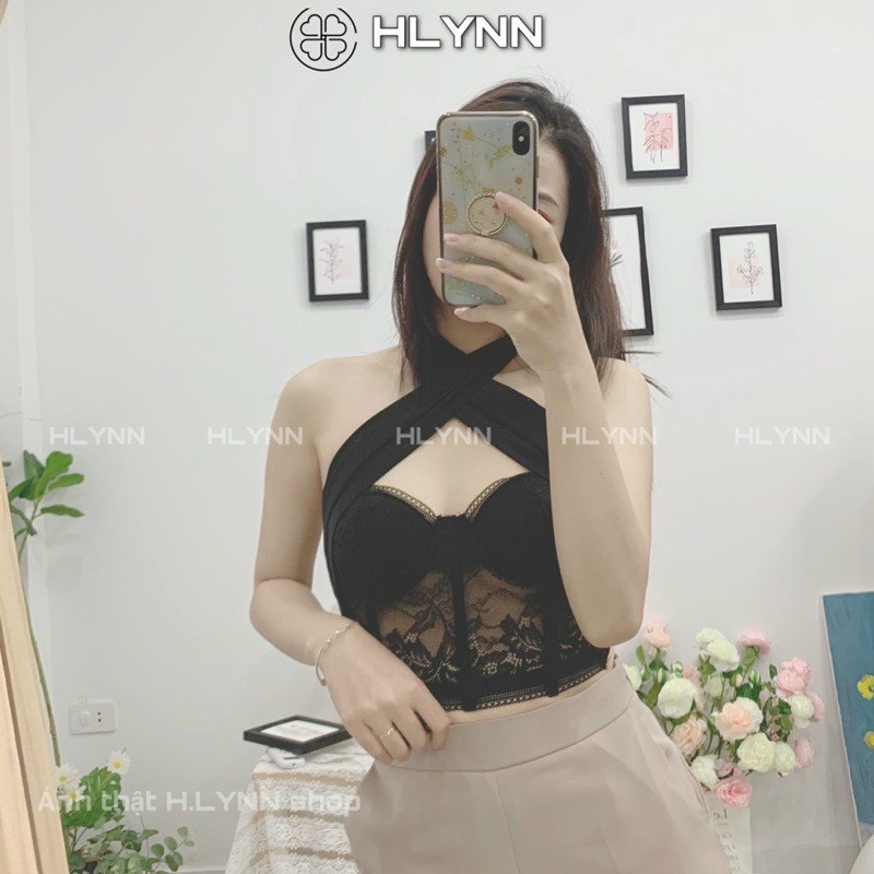 Áo yếm ren chéo cổ có mút ngực kiểu dáng croptop cực sexy