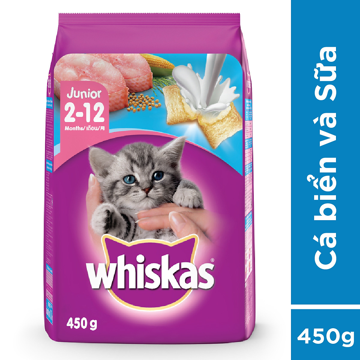 WHISKAS - COMBO 8+ 1 x 450gr/bao (vị cá biển 2-12M ) + 3 x 80gr/gói (Mix vị)