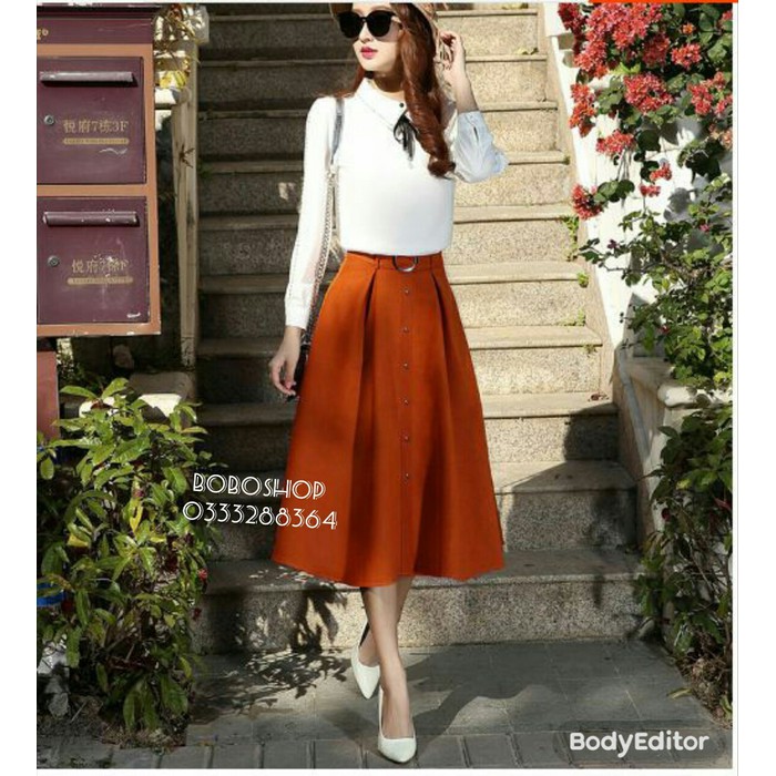 Chân váy xòe xếp ly kèm belt kết nút