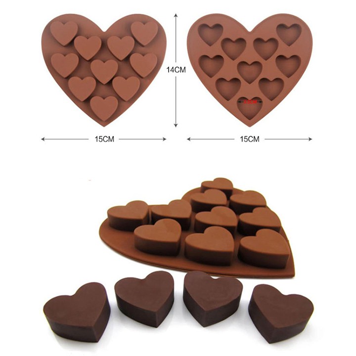 Khuôn Silicon Đổ Làm Socola,Thạch,Đá,Kẹochipchip,Pudding Hình 10 Trái Tim Lồng