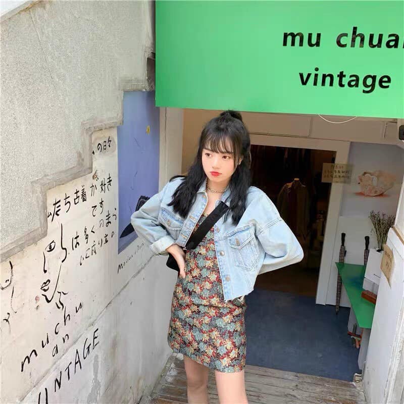 [HCM]Set đầm 2s hoa + khoác crop jean ??