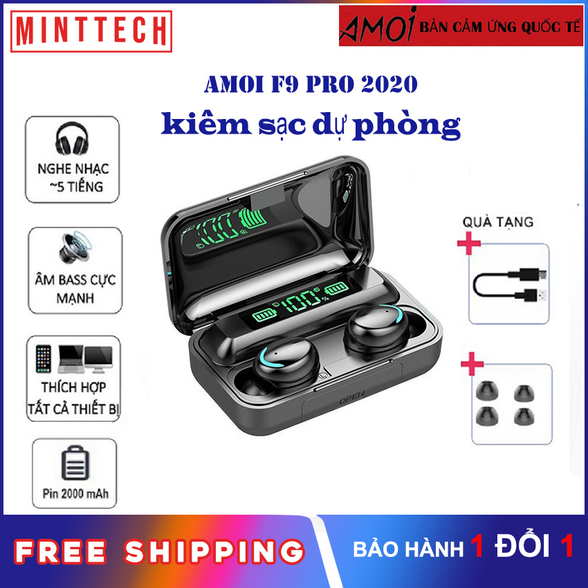 [Xả kho tết]Tai nghe bluetooth không dây Amoi F9 Pro Max MintTech kiêm sạc dự phòng khẩn cấp 2000mAh, chống nước IPX5, bluetooth 5.0c chống ồn, pin trâu âm thanh HD, sạc tất cả các thiết bị iphone samsung sony xiaomi oppo hu
