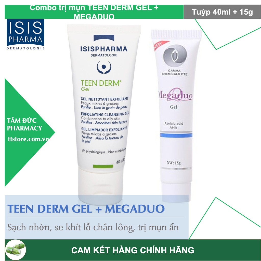 Combo Gel Rửa Mặt Da Mụn ISIS Teen Derm Gel 40ml + Gel Mụn Ngừa Megaduo 15g [teenderm gel / mega duo]
