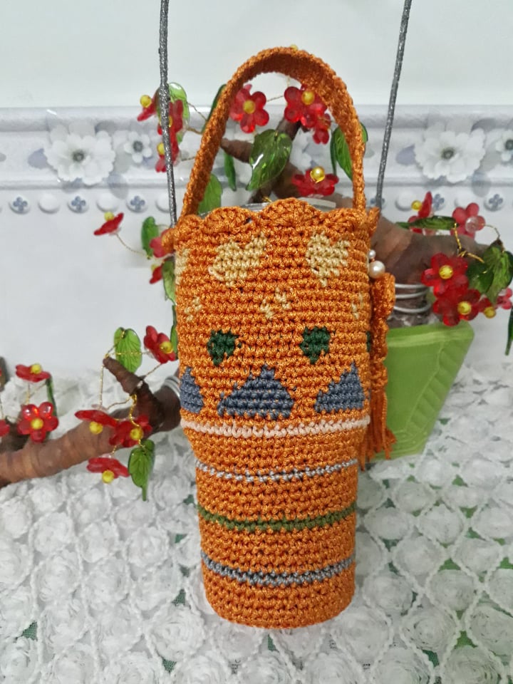 Túi đựng ly giữ nhiệt thổ cẩm màu cam handmade chất liệu sợi dệt