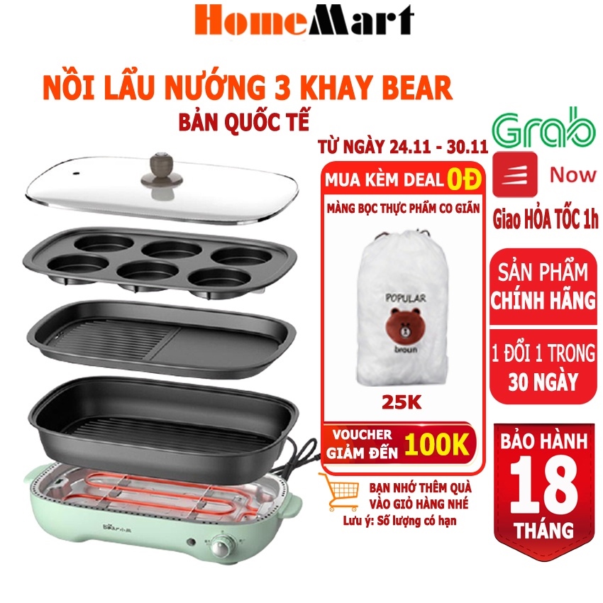 Nồi Lẩu Nướng Đa Năng Bear Bếp Nướng Điện 2 ngăn (Hàng chính hãng 1 đổi 1 trong 30 ngày bảo hành 18 tháng) - HomeMart