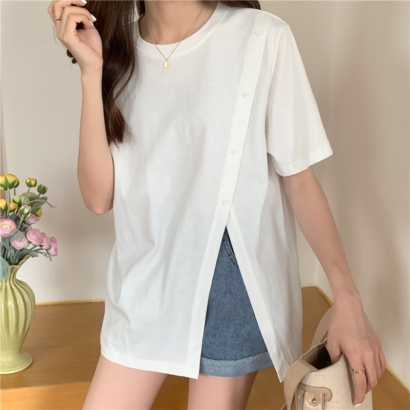Áo thun nữ xẻ tà phối nút tay ngắn style Hàn quốc