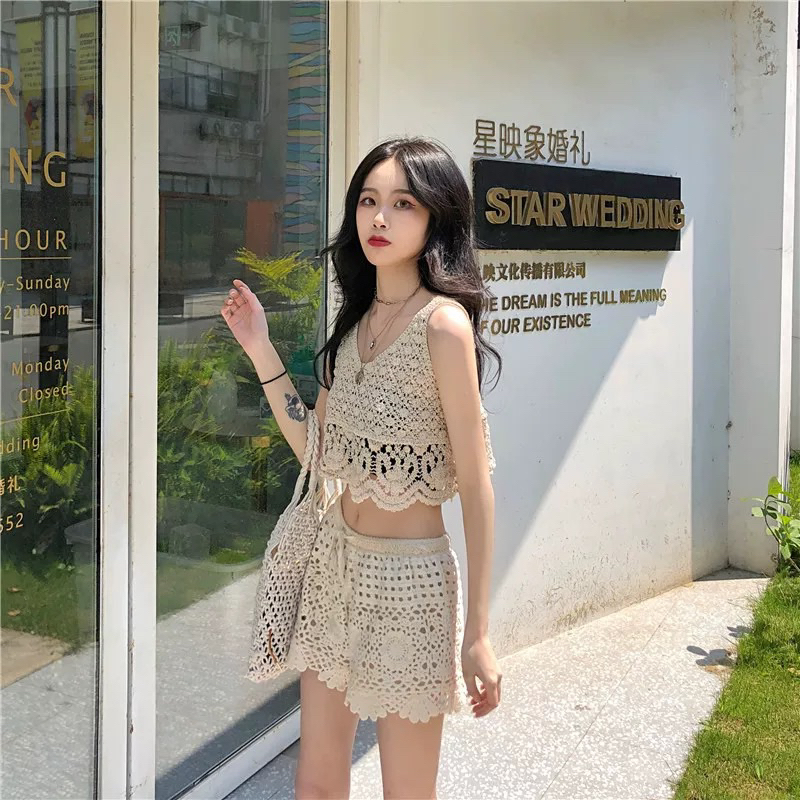 Set Ren Bikini Vintage Đi Biển Gồm 2 Món Bra Và Sooc
