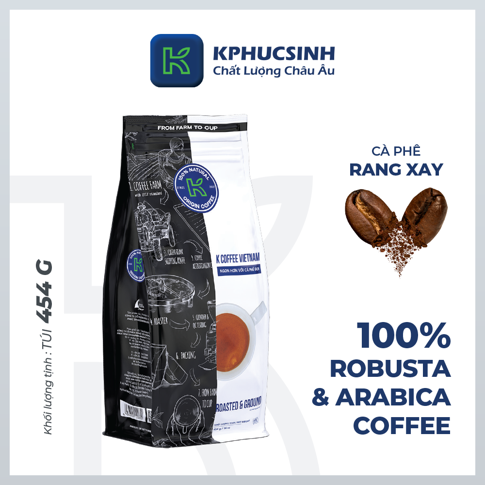 [MUA 3 TẶNG 1] Cà Phê Rang Xay Nguyên Chất K Coffee Vietnam 454g (10% Arabica và 90% Robusta) - Thương Hiệu K COFFEE