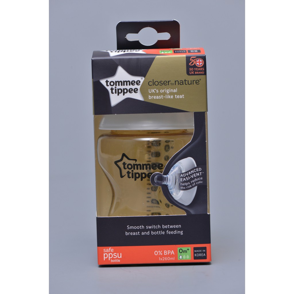 Bình sữa Tommee Tippee PPSU 260ml (kèm núm ti chảy sữa chậm) 0 tháng trở lên(82003, 82004, 82005)