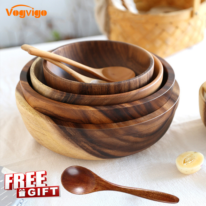 [Free Gift] Acacia wooden bowl wood grain Korea Japanese-style basin tableware household fruit plate rice ramen salad bowl