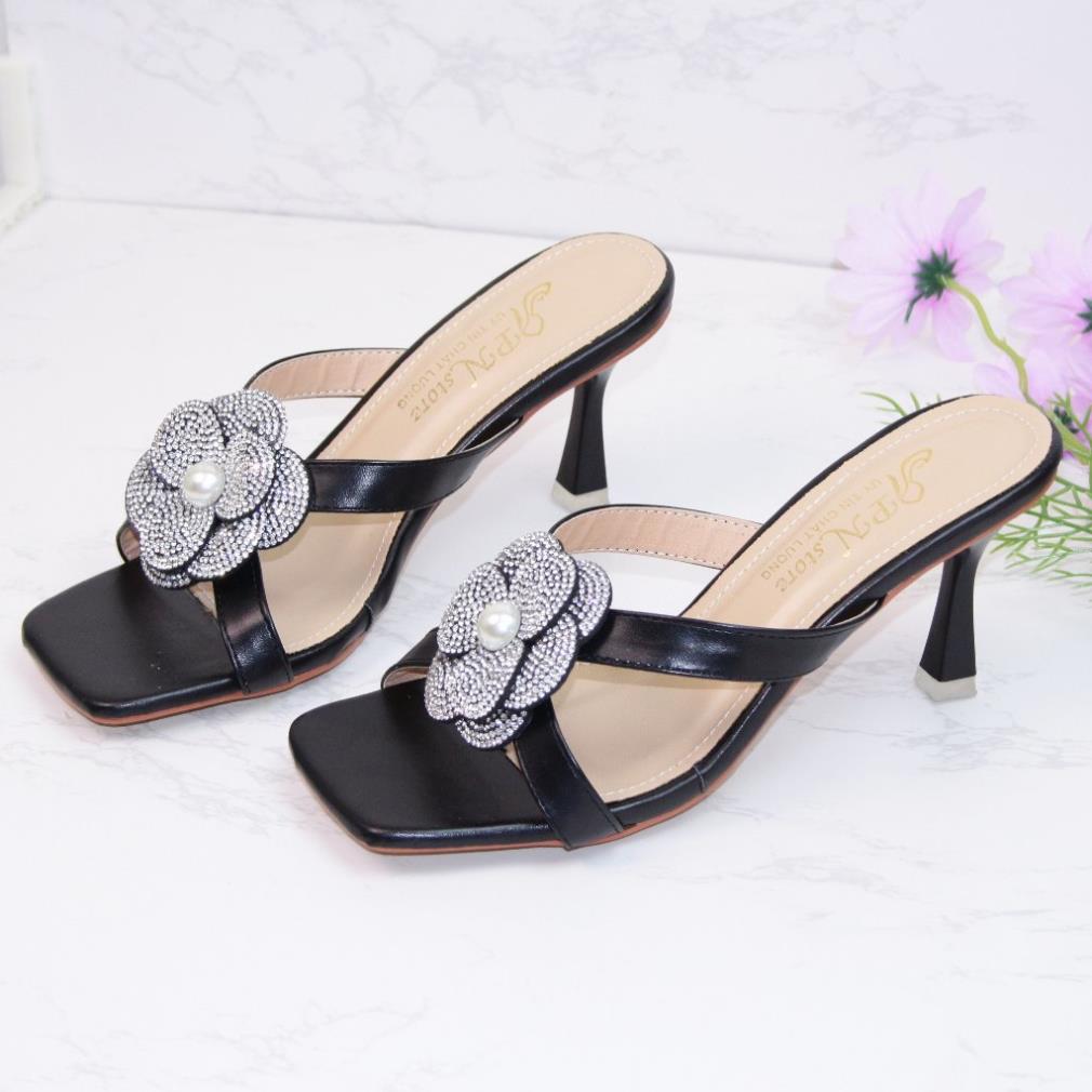 Giày cao gót - Guốc cao gót nhọn 7p quai mảnh chéo kết hoa đính châu - G81