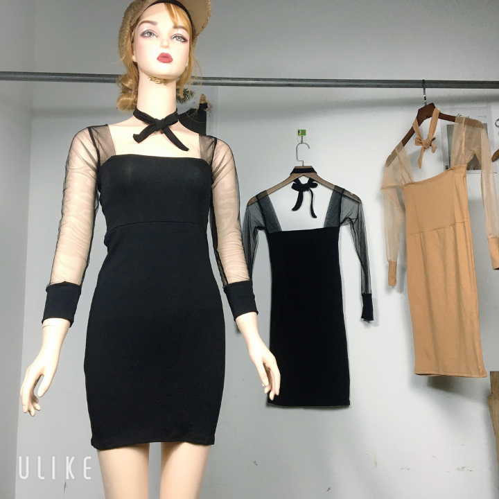 Váy đầm ôm boby thắt nơ phối voan lưới