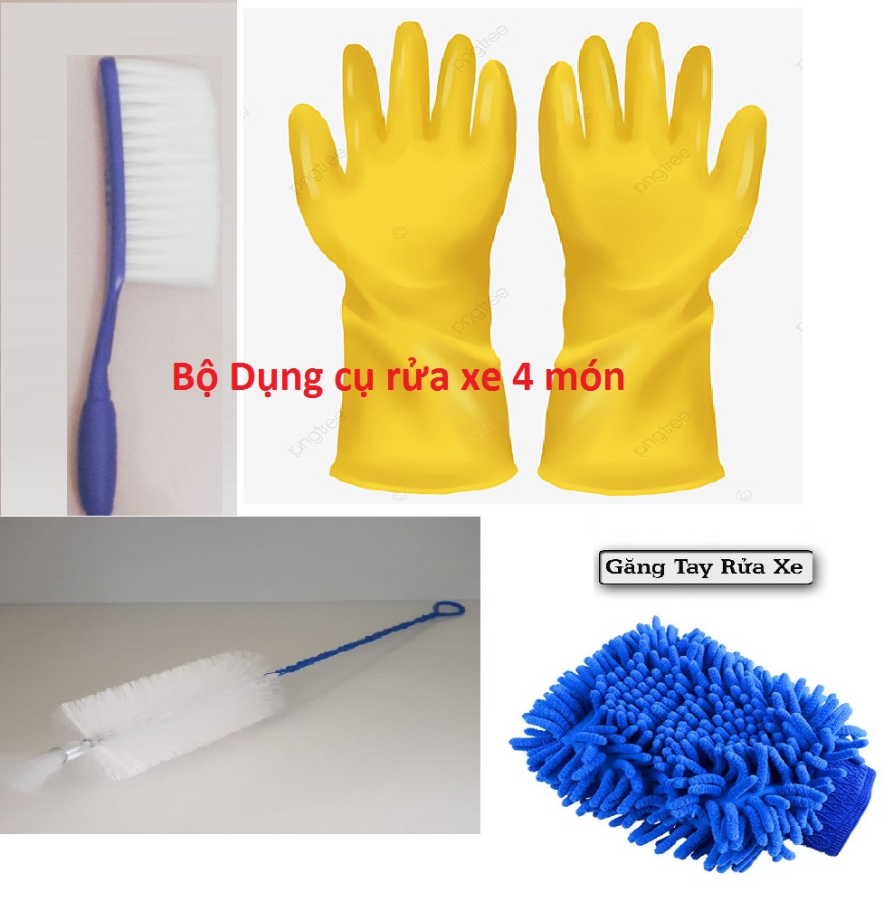 [FREE SHIP]Tron bộ 4 món dụng cụ rửa xe bao tay cao su-bao tay san hô rửa xe-cọ đuôi chó vệ sinh đầu bò ngóc ngách xe- bàn chả chà-Dụng cụ rửa xe tại nhà rửa cho xe máy và rửa ô tô giá rẻ