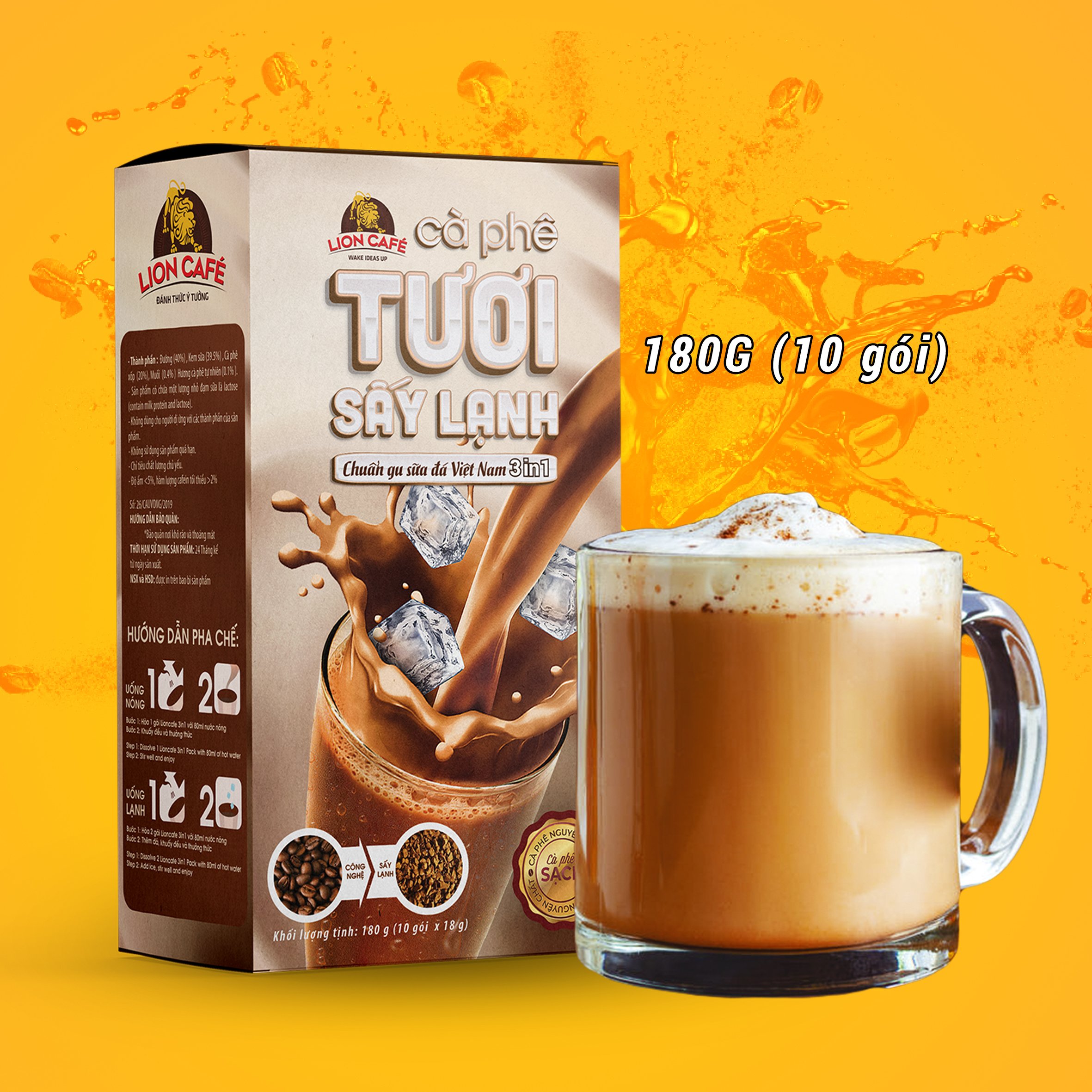 LION CAFE - Cà phê hòa tan 3in1 - Cà phê TƯƠI  Sấy Lạnh - Gu Sữa Đá - Hộp 180g (10 gói x 18g)