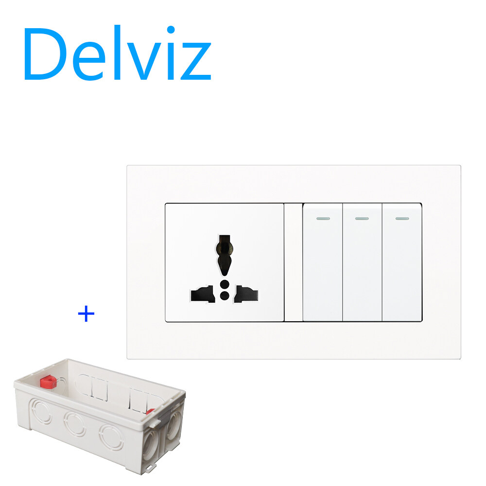 DELVIZ 3GANG/2WAY light switch + 3-hole wall socket. 16A power switch socket. EU socket, US socket, UK socket, with junction box.