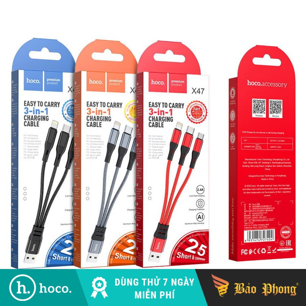 Cáp sạc 3 in 1 HOCO X47 USB to Lightning - Micro - TypeC dài 25cm chất liệu dây dù