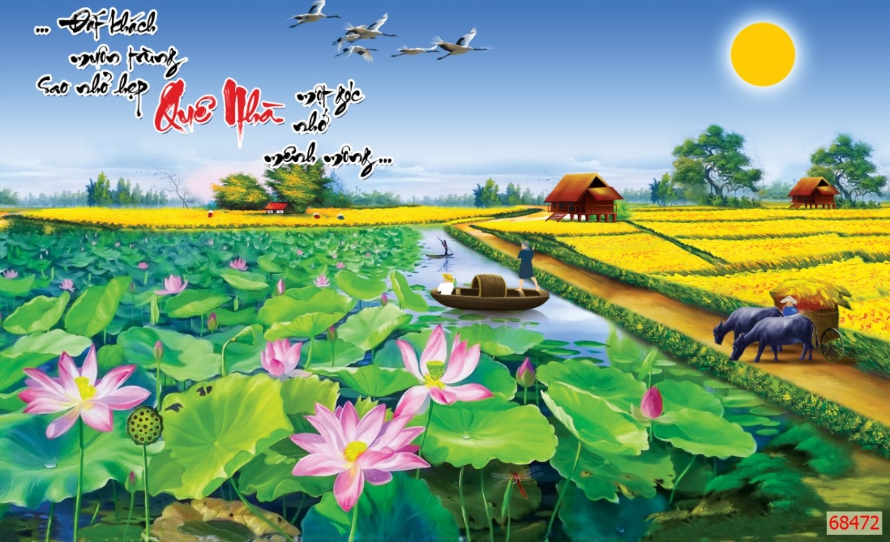 Tranh hoa sen phong cảnh đồng quê Việt Nam in trên chất liệu lụa cao cấp có  thể dán trực tiếp lên tư 