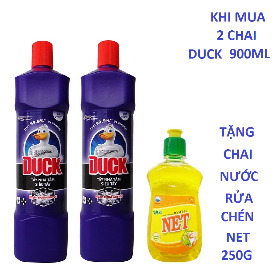 Bộ 2 chai nước tẩy bồn cầu Duck diệt khuẩn 900ml(tặng nước rửa chén NET 250g)
