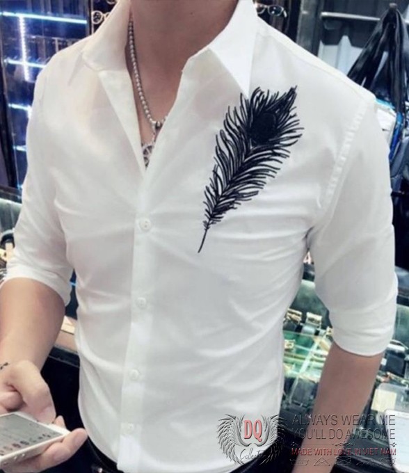 Áo sơ mi nam tay dài họa tiếth lông vũ thanh lịch
