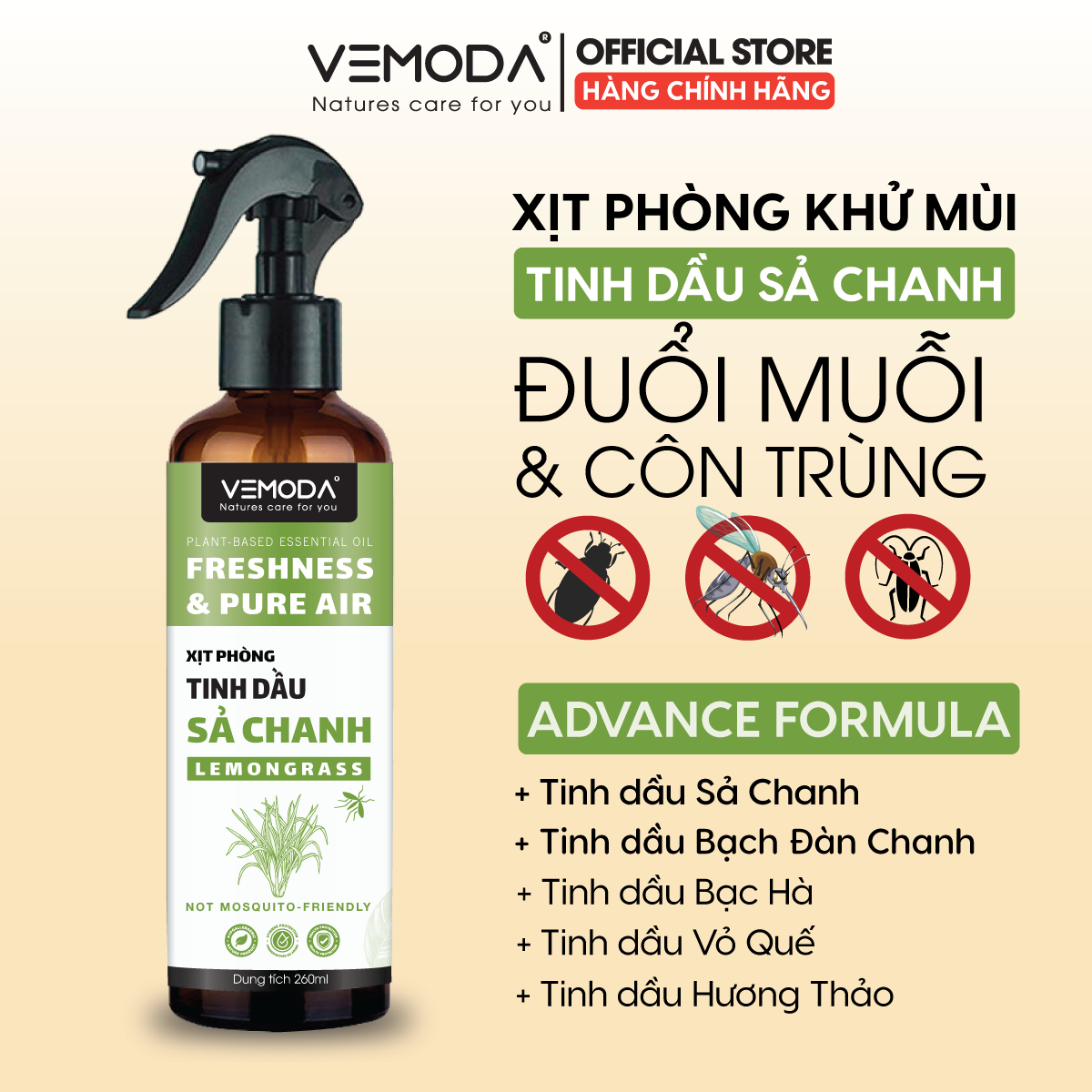 Xịt thơm phòng tinh dầu Sả chanh Vemoda 260ml