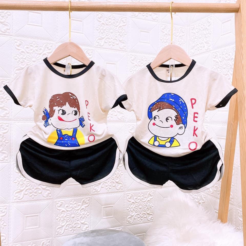 [HCM]Bộ quần áo bé trai bé gái hình anh em Peko chất cotton đũi hút mồ hôi mát mẻ cho bé từ 8kg đến 20kg( Màu xanh đỏ vàng đen)