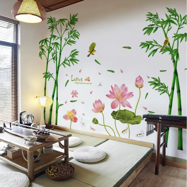 Decal dán tường: Combo Cành trúc hoa sen mùa hạ