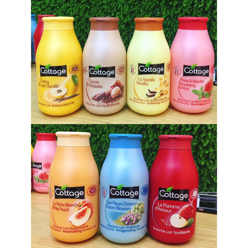 COMBO Sữa tắm Cottage Pháp cặp 2 chai x 250ml Sữa Tắm Tẩy tế bào chết, làm sạch da, giúp mềm mịn da và trắng sáng COTTAGE-PHÁP Sữa tắm Cottage Pháp chai 250ml. Về 10 mùi như hình