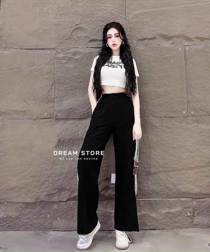 Sét đồ bồ áo thun croptop in chữ Phối quần ống đứng phối 3 sọc bên hông thể thao TTSLA0540