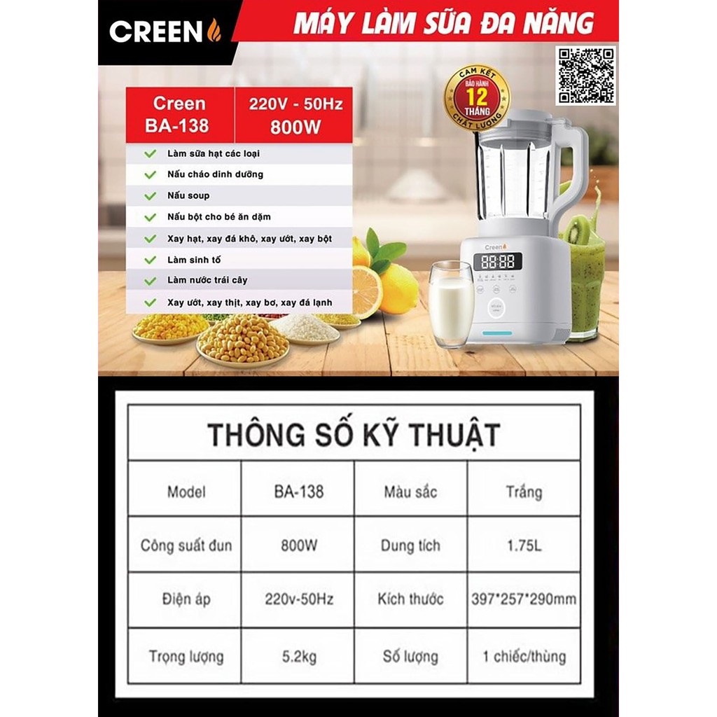 💕💕##Máy làm sữa hạt Creen BA-138💕 cối thủy tinh chịu nhiệt công nghệ Nhật Bản-diendandung24h.