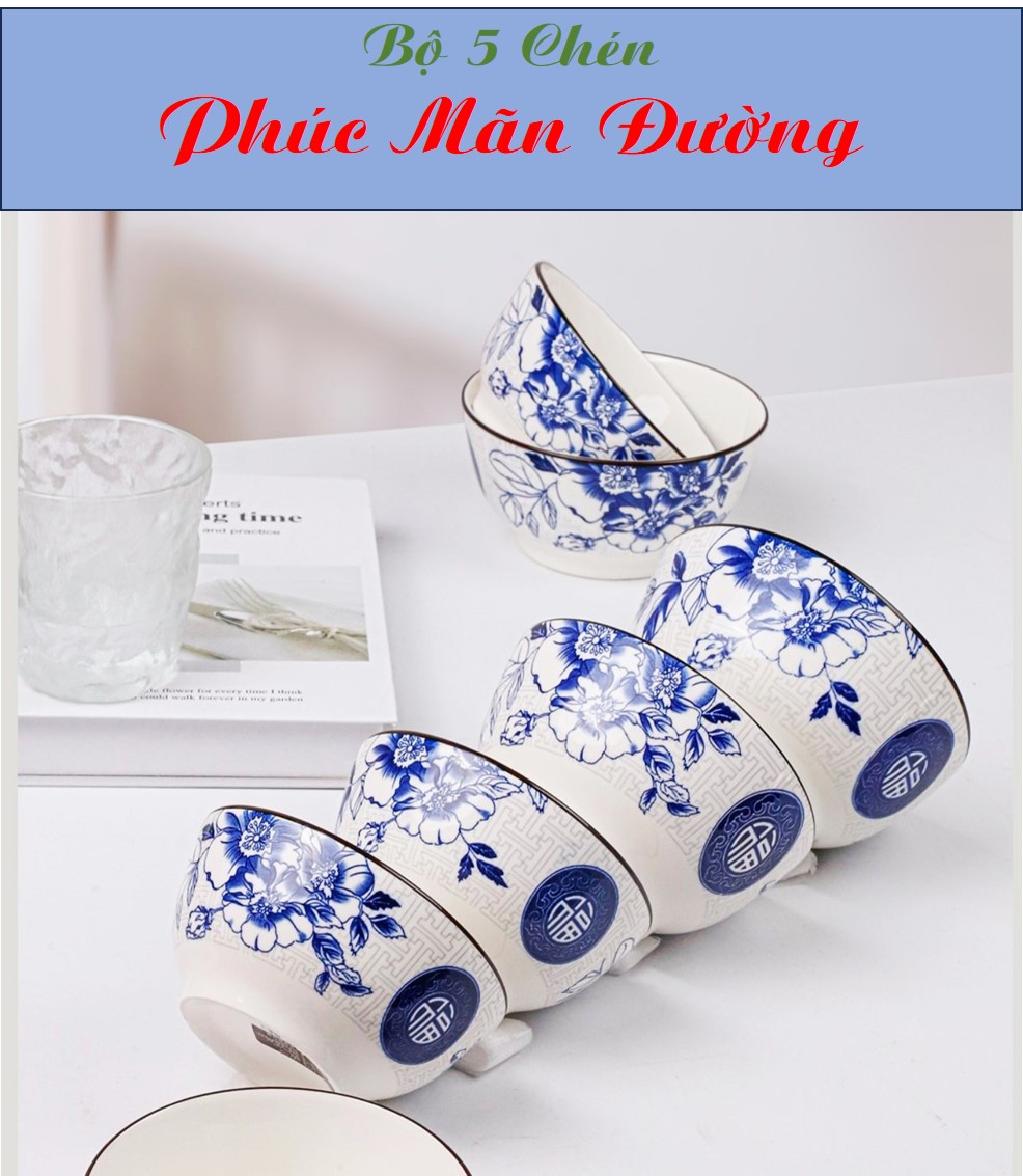 BỘ 5 CHÉN CƠM GỐM SỨ CAO CẤP HỌA TIẾT PHÚC MÃN ĐƯỜNG