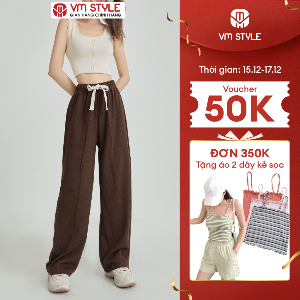 Quần dài nữ VMSTYLE QDU00014 ống suông nhung gân lưng thun dây rút 2740