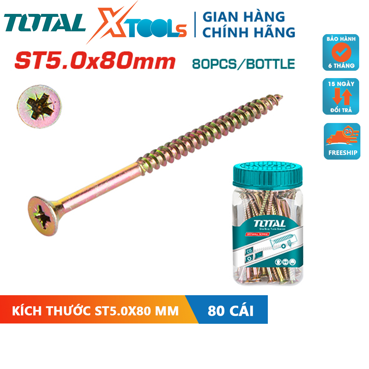 Bộ 80 vít bắt gỗ ST5.0x80mm TOTAL