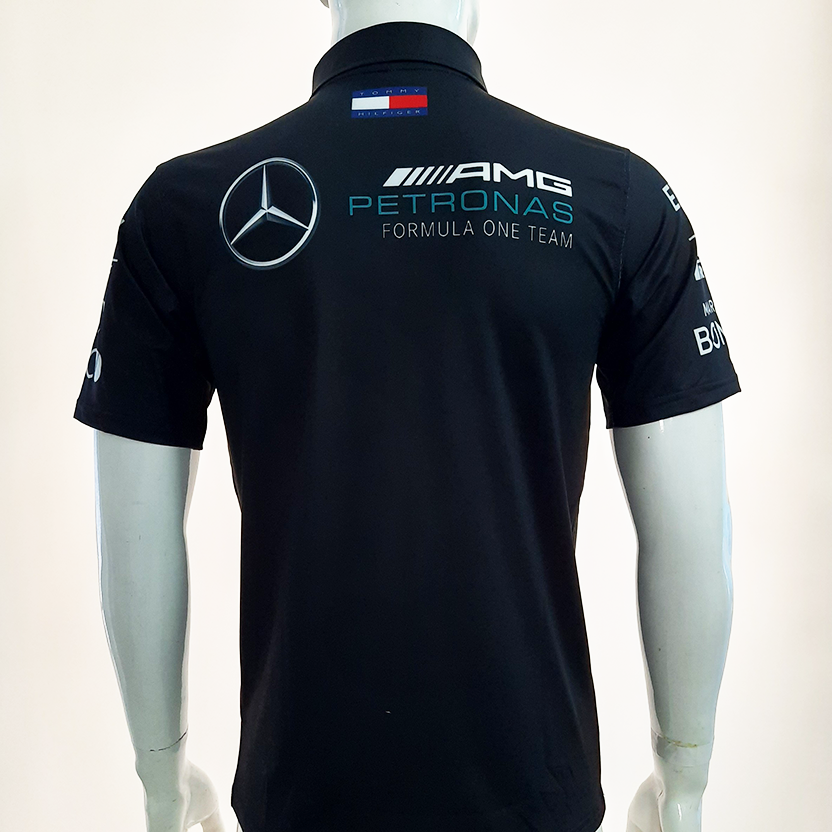 Áo thun nam có cổ tem xe Mercedes Đen