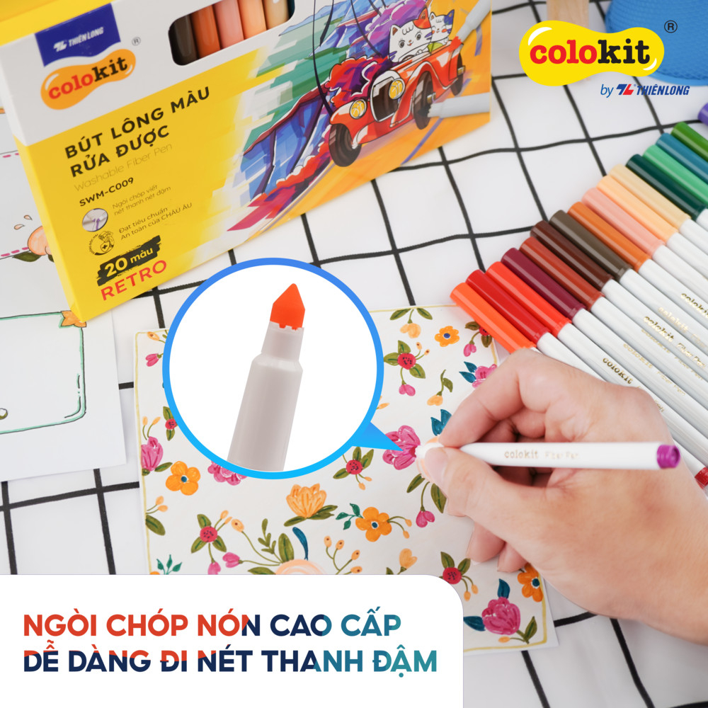 Bộ 20 màu fiber pen SWM-C009 Retro bút lông rửa được Thiên Long, bút màu trang trí sổ tay, planner, calligraphy, bullet journal...