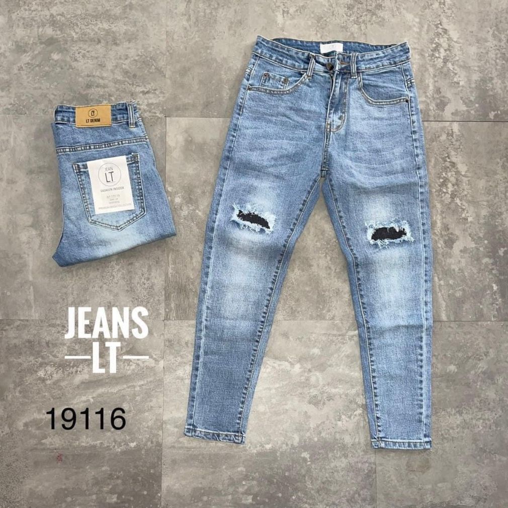 Quần Jeans nam chất bò xanh rách 2 gối phong cách năng động trẻ trung