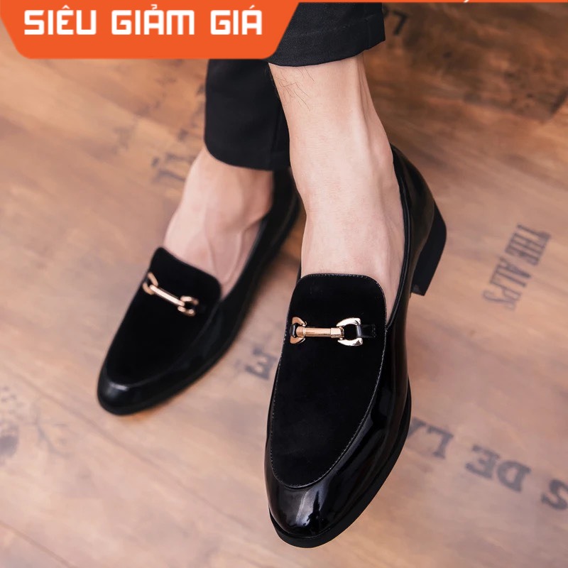 Giầy lười da bóng pha da lộn nam