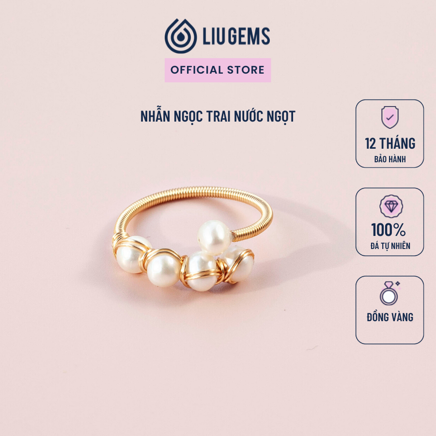 Nhẫn nữ ngọc trai liugems đai hở đồng tinh tế 5 viên màu trắng ngà sáng bóng