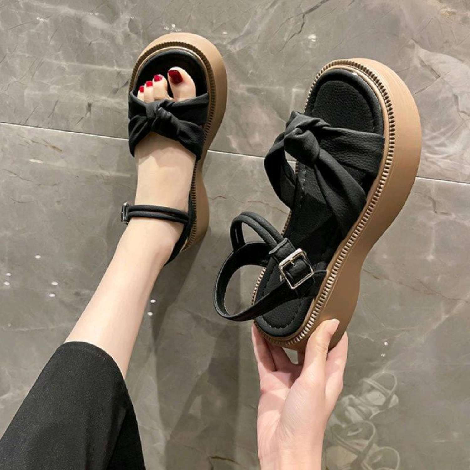 (Hàng Qc FullBox) Sandal nữ quai chéo Thắt Nơ chất Da Cao cấp Cendy