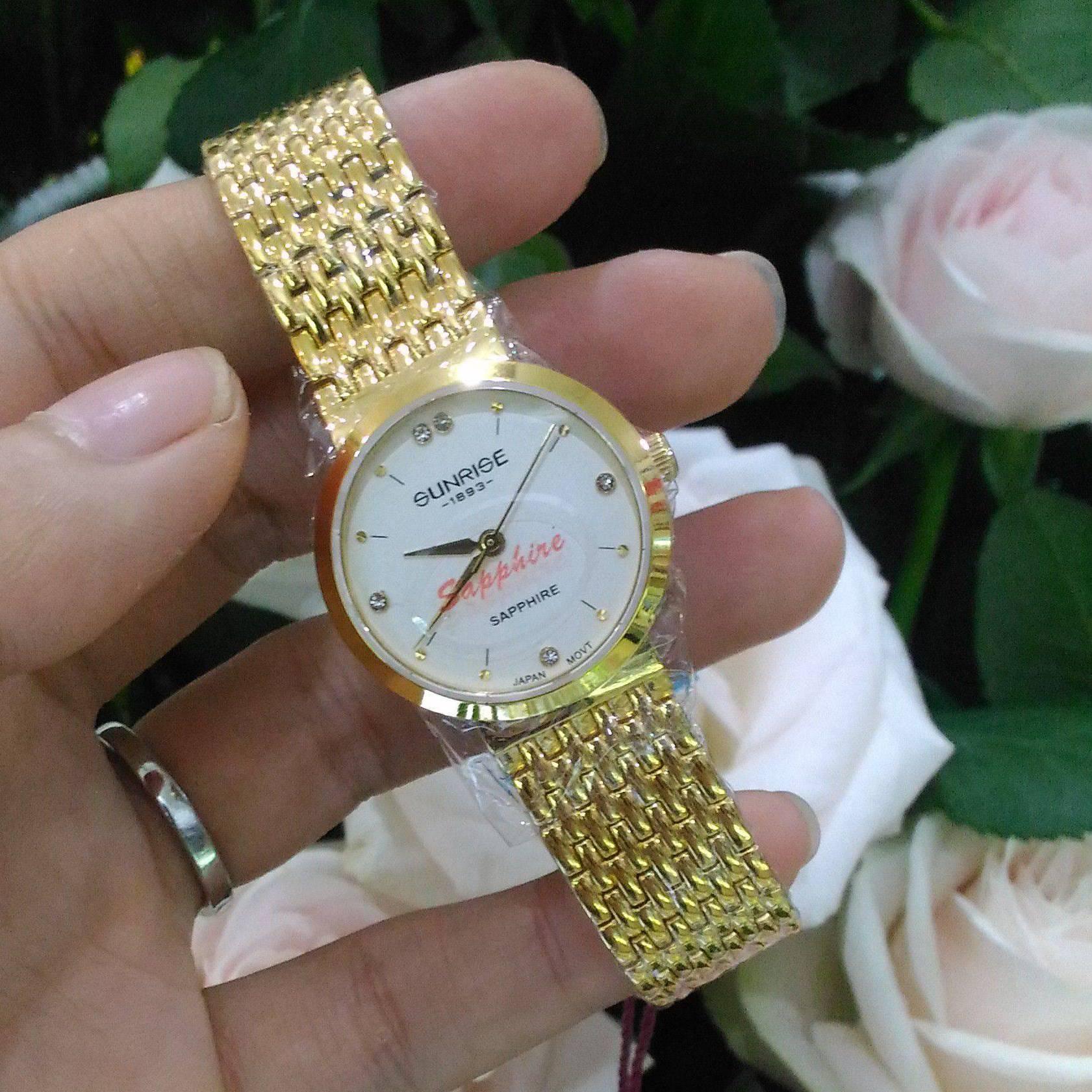 Đồng hồ nữ SUNRISE 9965SA dây vàng mặt trắng siêu mỏng , kính sapphire chống xước, chống nước tốt.