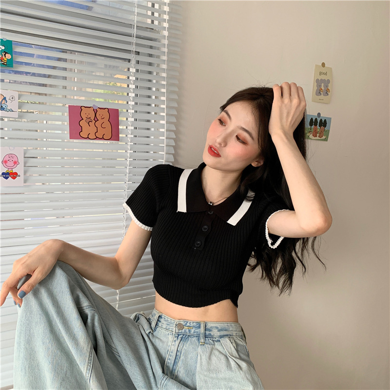 Áo gân cổ bẻ croptop 2 màu siêu chất TTSLA0332
